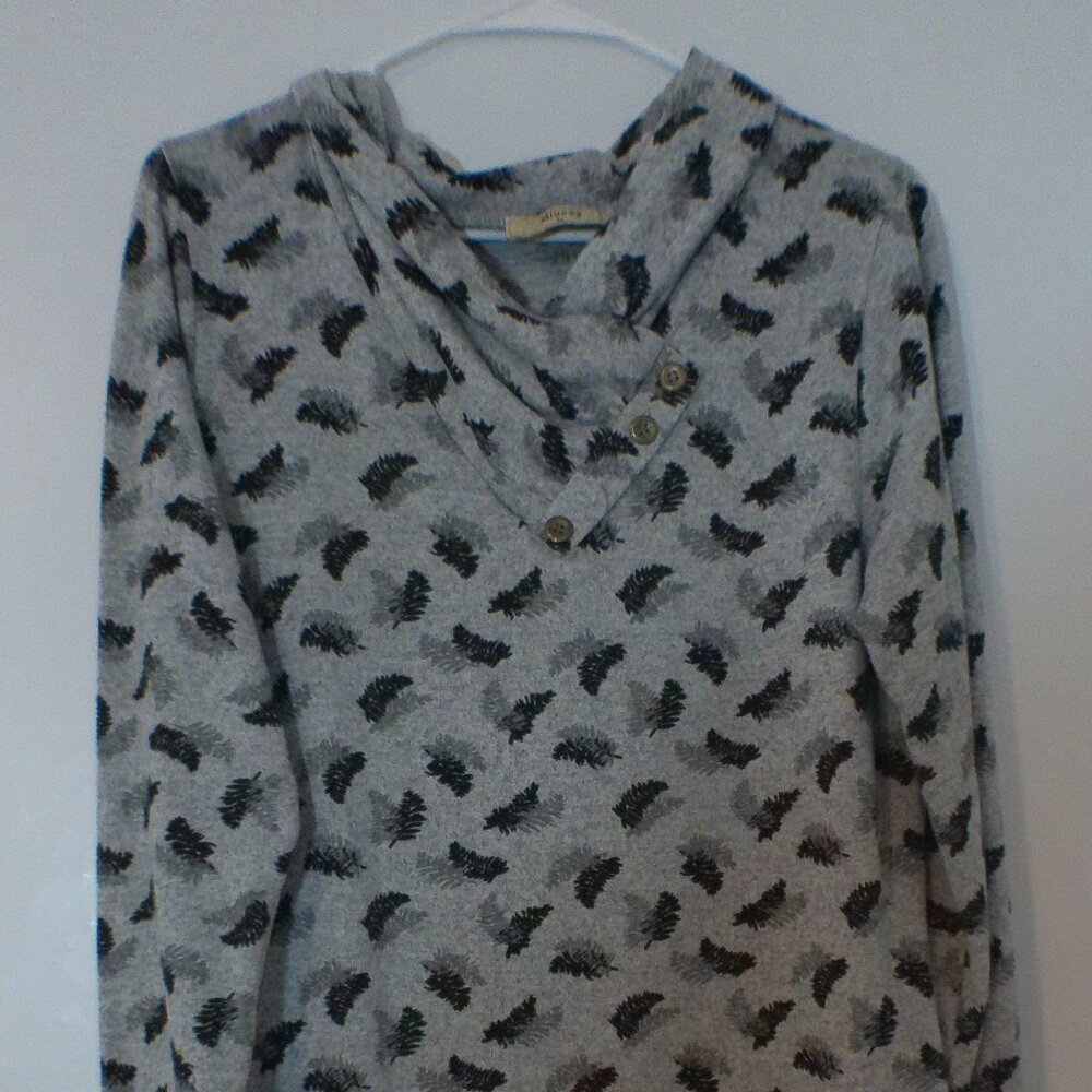 Miusey Gray Pine Tree Print Cowl Neck Tunic Top Women’s XL Cozy Cabin Outdoors
